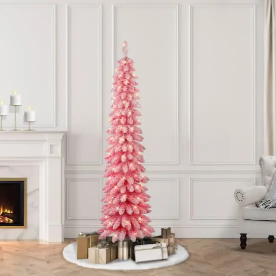6ft. Pre-Lit Flocked Pink Artificial Alpine Pencil Christmas Tree, Clear Lights {3}