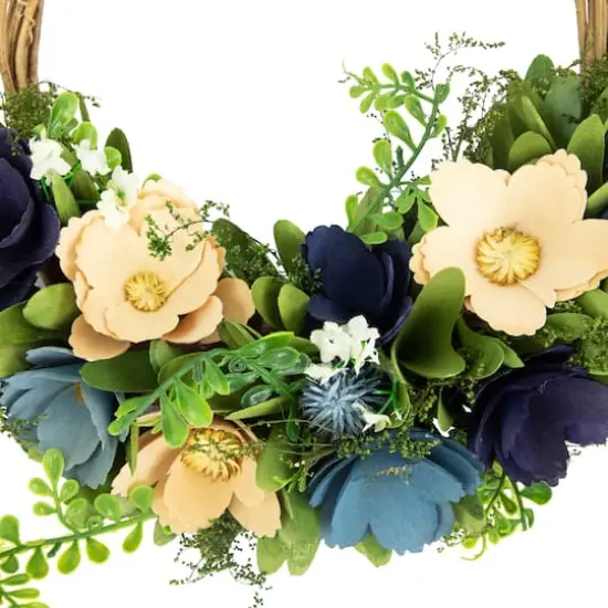 12" Blue & Tan Poppy Floral Wooden Spring Basket Wreath {4}