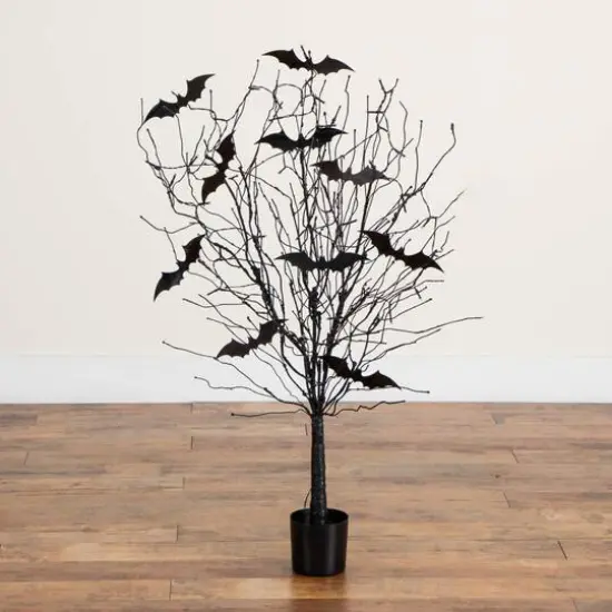 4ft. Pre-Lit Artificial Halloween Black Twig Tree with Bats and 50 Orange LED Lights {7}