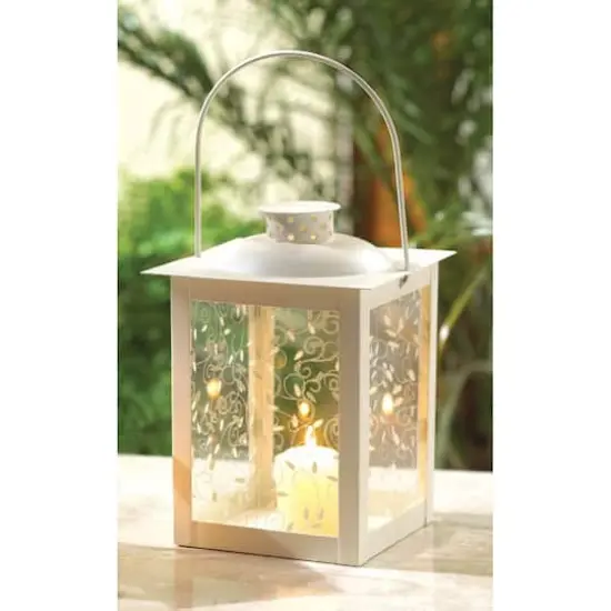 8" Large White Square Candle Lantern with Leaves {4}