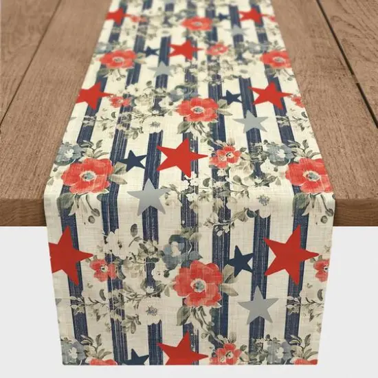 Vintage Floral Patriotic Stripes Poly Twill Table Runner {2}