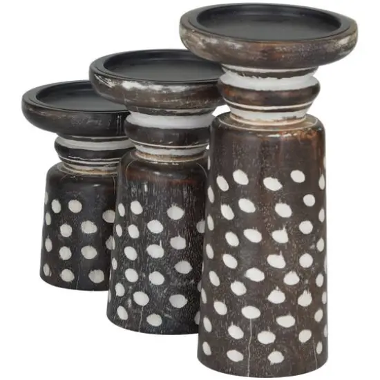 Dark Brown Mango Wood Round Carved Dotted Pillar Candle Holder Set {3}