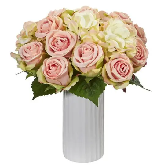 13" Pink Rose & Hydrangea Arrangement in White Vase {1}