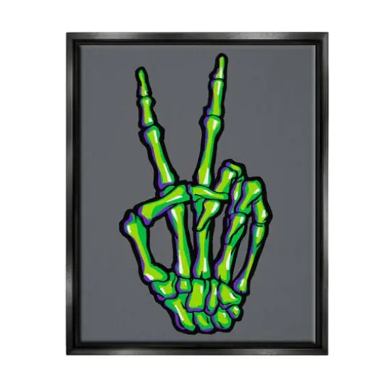 Stupell Industries Green Skeleton Peace Hand Framed Floater Canvas Wall Art Black {1}