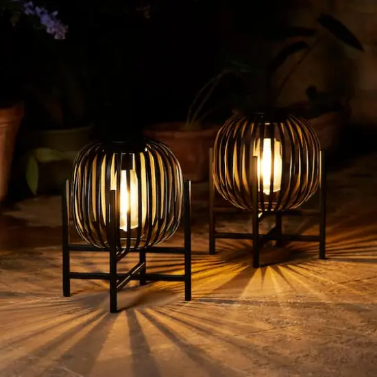 Glitzhome&reg; 11.5" Black Slim Metal Stripes Solar Powered Edison Bulb Outdoor Lantern, 2ct. {5}