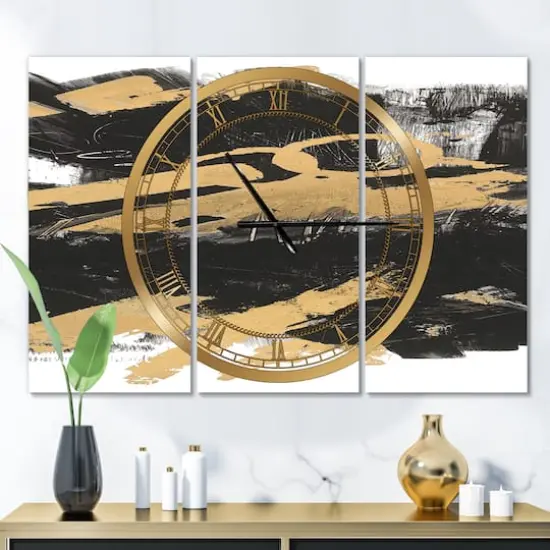 Designart 'Gold And Black Drift Iv Modern Multipanel Wall Clock {3}