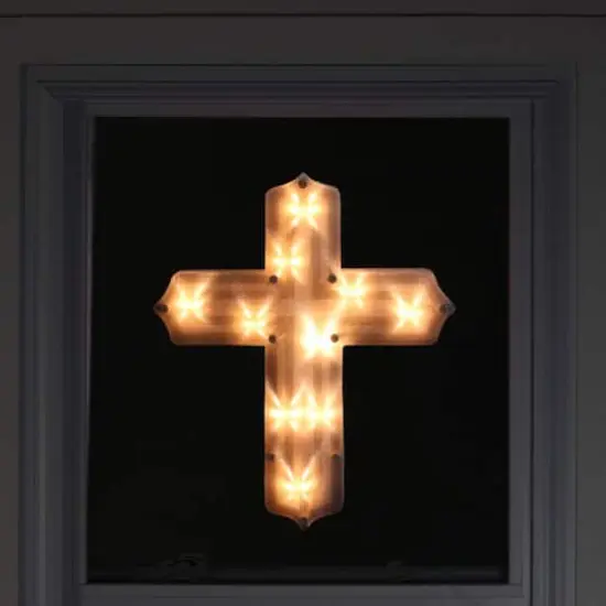 14" White Lighted Religious Cross Easter Window Silhouette Decoration {4}