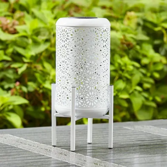 Glitzhome&reg; 14.25" White Metal Cutout Flower Pattern Solar Powered LED Outdoor Lantern {3}