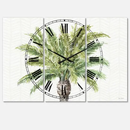 Designart Mixed Botanical Greens Palms IV Farmhouse 3 Panel Wall Clock {1}