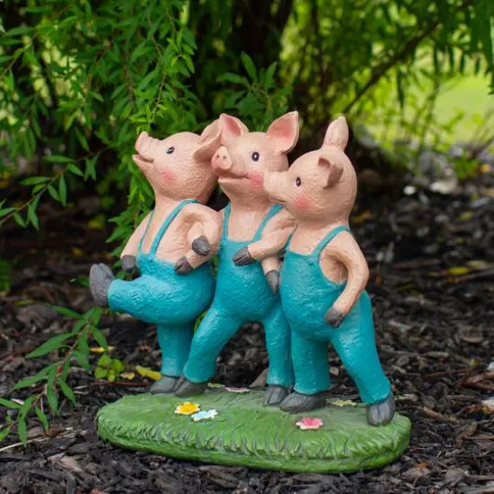8" Three Pigs Dancing in Blue Overalls Garden Statue {3}