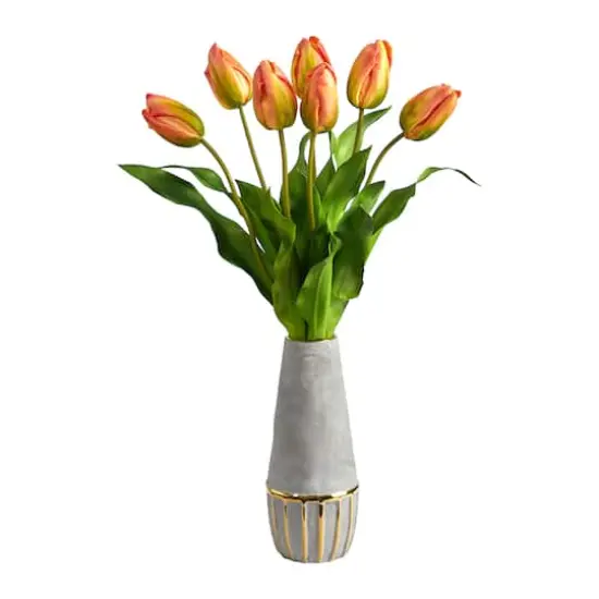 22" Yellow-Orange Dutch Tulip Arrangement in Gold Trim Stoneware Vase {1}