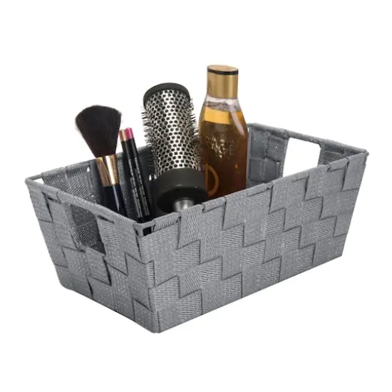Simplify Small Gray/Silver Lurex Striped Woven Storage Bin {4}