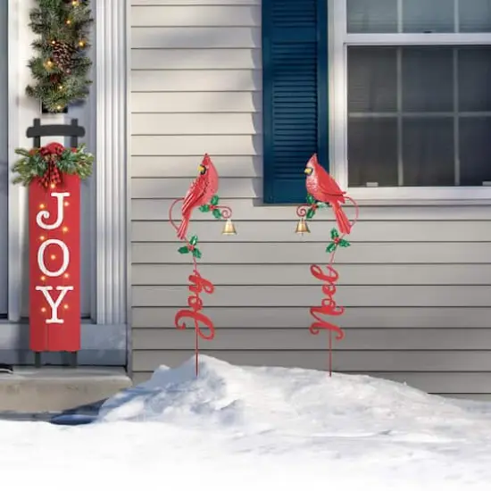 Glitzhome&reg; 3ft. Metal Cardinal Joy & Noel with Bell Yard Stake Set {3}