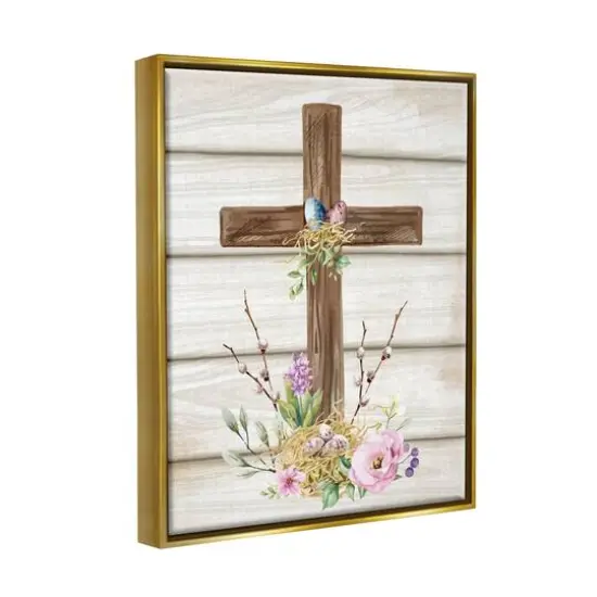 Stupell Industries Spiritual Easter Cross Spring Blossoms Floater Framed Art Gold {4}