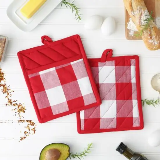 DII&reg; Buffalo Check Potholders, 2ct. Tango Red/White {5}