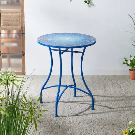 Glitzhome&reg; 28" Blue Outdoor Metal Folding Bistro Table with Ceramic Tile Top {3}