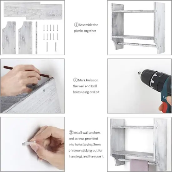 2-Tier Wood Wall Mounted Bathroom Shelf with Towel Rack Rustic Gray {8}