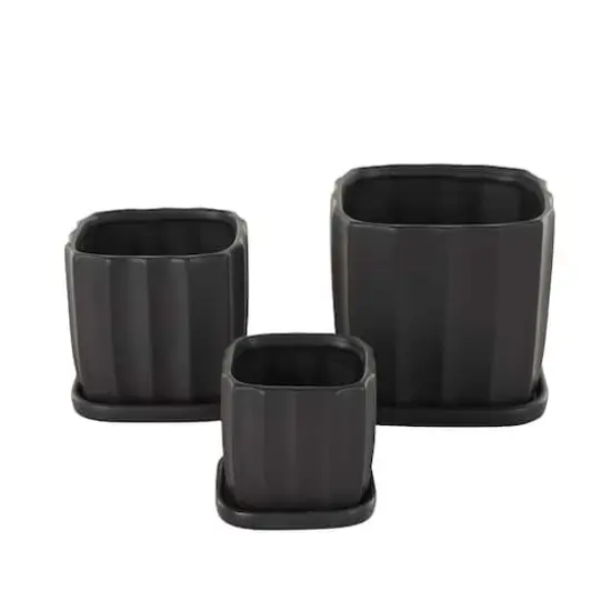 Black Square Wide Groove Textured Ceramic Planter Set {4}