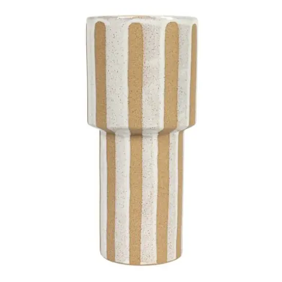Hello Honey® 11" Cream & Brown Wax Relief Striped Round Stoneware Vase {9}