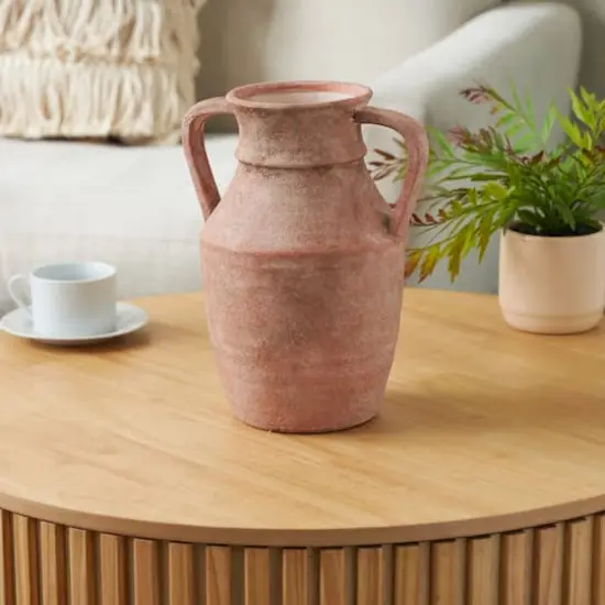 12" Pink Antique-Style Ceramic Vase with Handles {3}