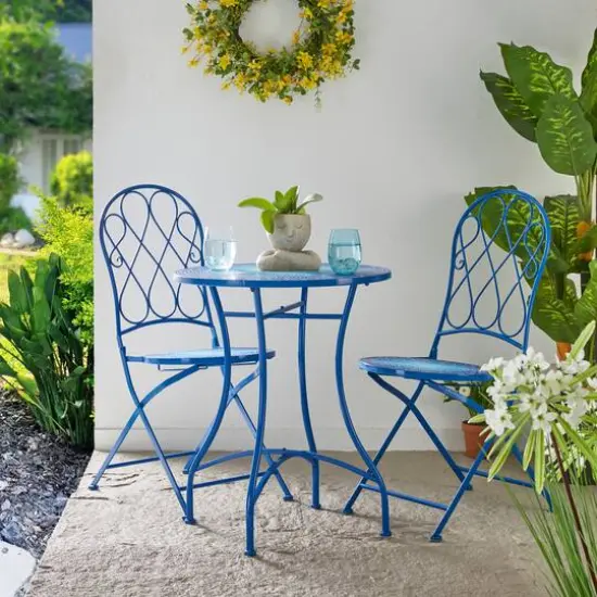 Glitzhome&reg; 28" Blue Outdoor Metal Folding Bistro Table with Ceramic Tile Top {6}