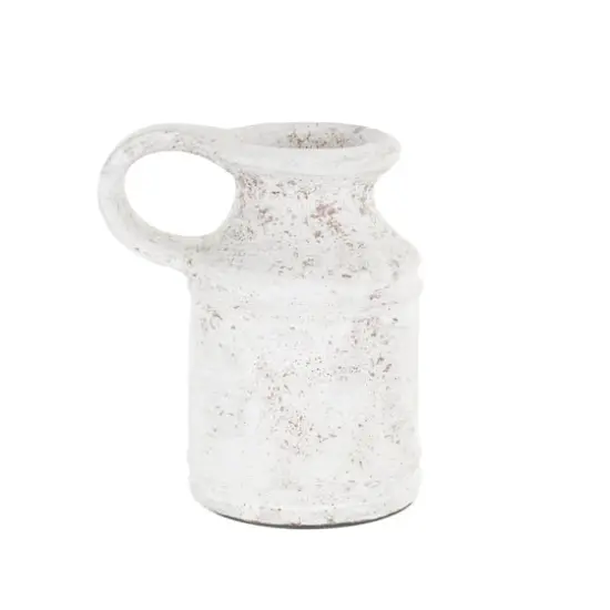 10" White Ceramic Antique Style Textured Vase with Terracotta Accents and Ring Handle {1}