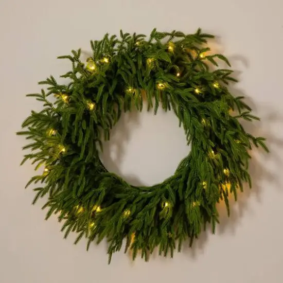 24in. Pre-Lit Artificial Real Touch Norfolk Island Pine Wreath with 50 Warm White LED Lights and Natural Look {7}