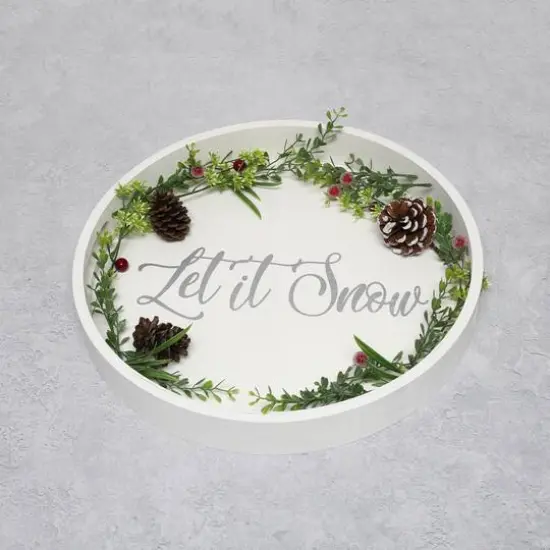 Elegant Designs&trade; 13.8" Round White Wash Let It Snow Serving Tray with Handles {6}