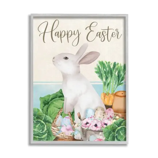 Stupell Industries Happy Easter Bunny Rabbit Greens Eggs Basket Framed Giclee Art Gray {1}