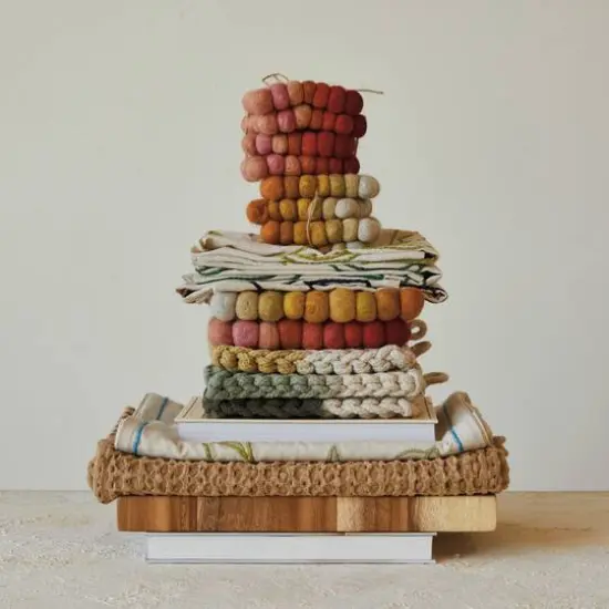 Hello Honey® 7.5" Red, Pink & Blush Handmade Wool Felt Ball Square Trivet {3}