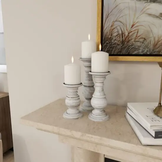 Mango Wood Traditional Candle Holder Set White {15}