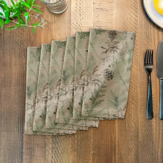 Pine Cones & Greenery on Brown Cotton Twill Napkin {4}