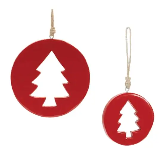 Red Wood Pine Tree Cut-Out Ornaments Set {4}