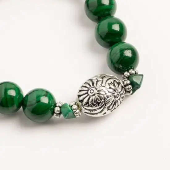 John Bead Malachite Natural Stone Stretch Bracelet with Flower Beads {3}