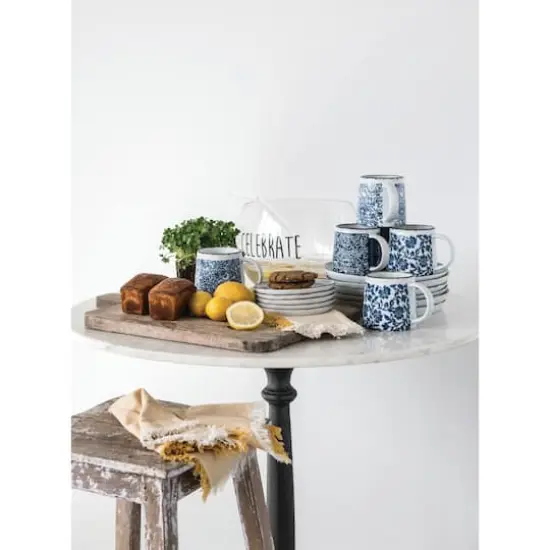 Hello Honey&reg; Blue & White Hand-Stamped Stoneware Mug with Gold Rim Set {4}