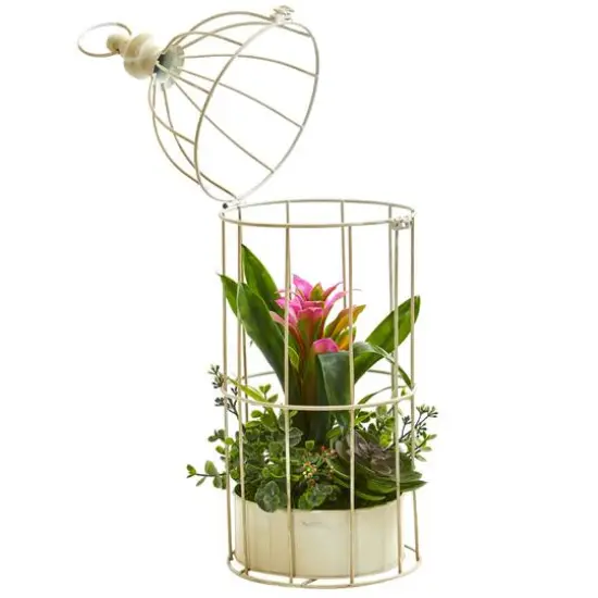19" Bromeliad & Succulent Artificial Arrangement in Bird Cage Purple {3}