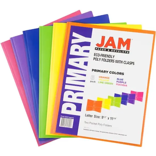 JAM Paper 9.5" x 11.5" Assorted Plastic 2 Pocket School POP Folders with Clasps, 6ct. {3}