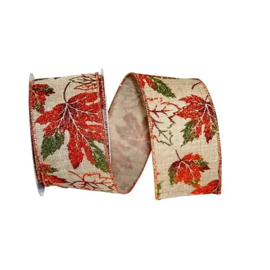 JAM Paper 2.5" x 10yd. Faux Linen Wired Glitter Leaves Ribbon {1}