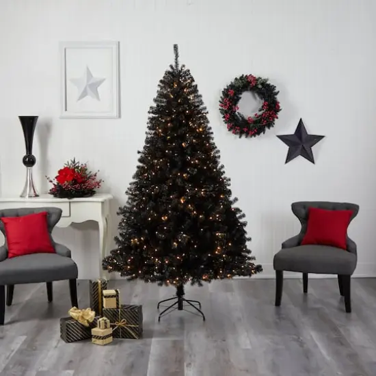 7ft. Pre-Lit Black Artificial Christmas Tree, Clear LED Lights {10}