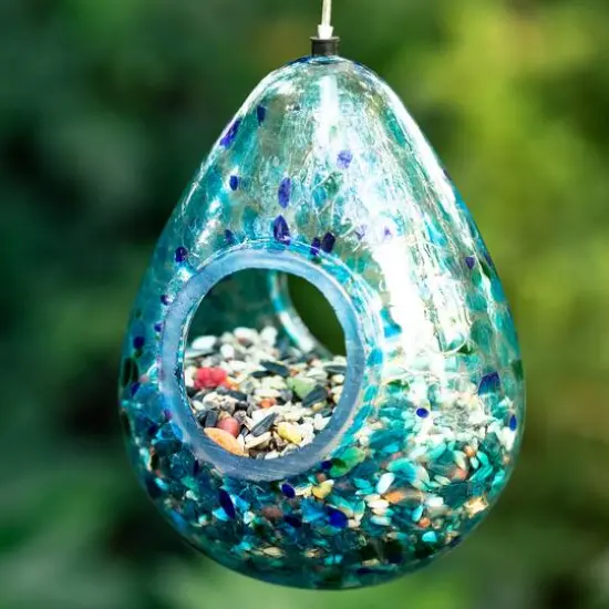 Glitzhome&reg; 6.75" Blue Dots Glass Water Drop Hanging Bird Feeder {8}