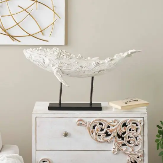 32" Cream Polystone Whale Sculpture with Brown Distressing & Black Metal Stand {10}