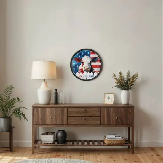 20" x 20" Red, White & Moo Round Framed Print Black {6}