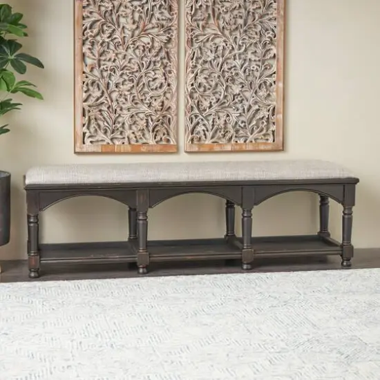 59" Black & Beige Fabric Arched Storage Bench with Traditional Turned Legs {9}
