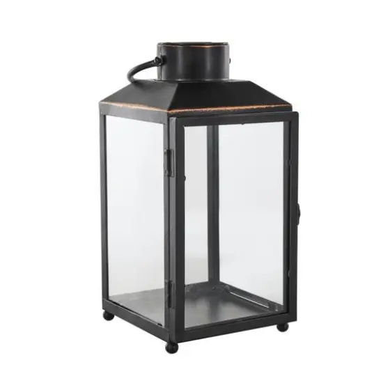14" Black Metal Modern Candle Lantern with Gold Accents {6}
