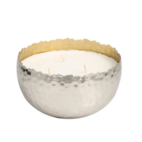 30oz Vanilla Marshmallow Scented White 3 Wick Candle in Hammered Silver Bowl {4}
