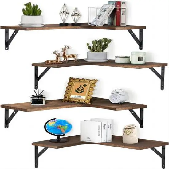 Brown Wood Wall Mounted Corner Floating Shelf Set {1}
