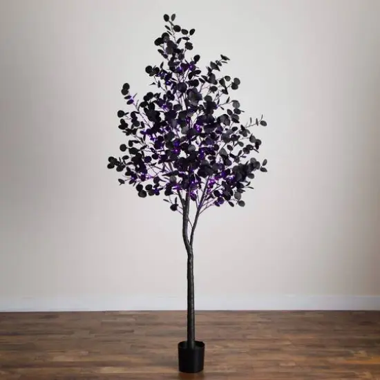 8ft. Pre-Lit Artificial Halloween Black Eucalyptus Tree with 540 Orange & Purple LED Lights {9}