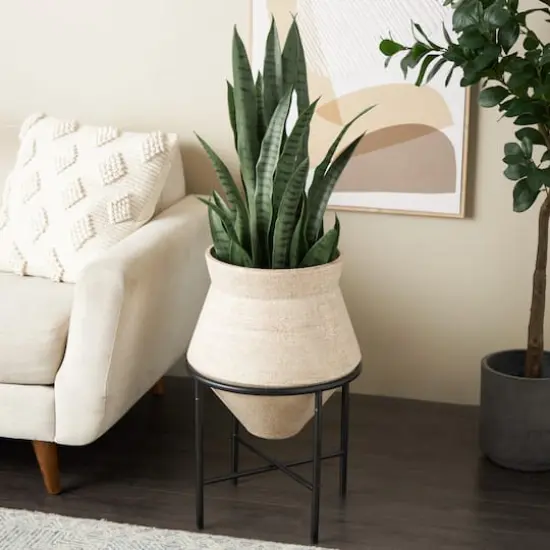 24.5" Beige Metal Wide Vase with Black Metal Stand {10}