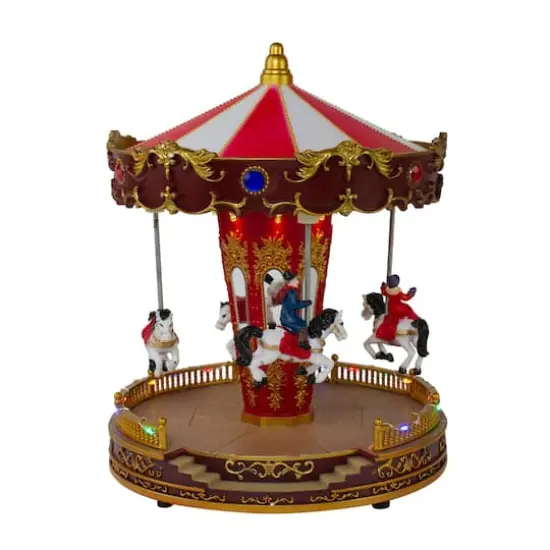 11" Red & White LED Animated Christmas Carousel with Horses {1}