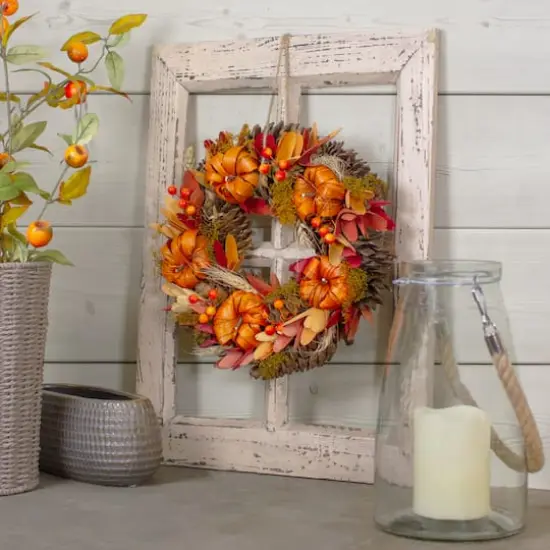 11" Brown & Orange Pinecone & Pumpkin Fall Wreath {3}